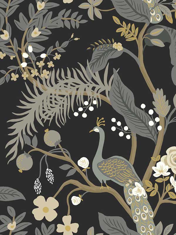 wallpaper sample for Rifle Paper Co RI5170 Peacock Black Wallpaper